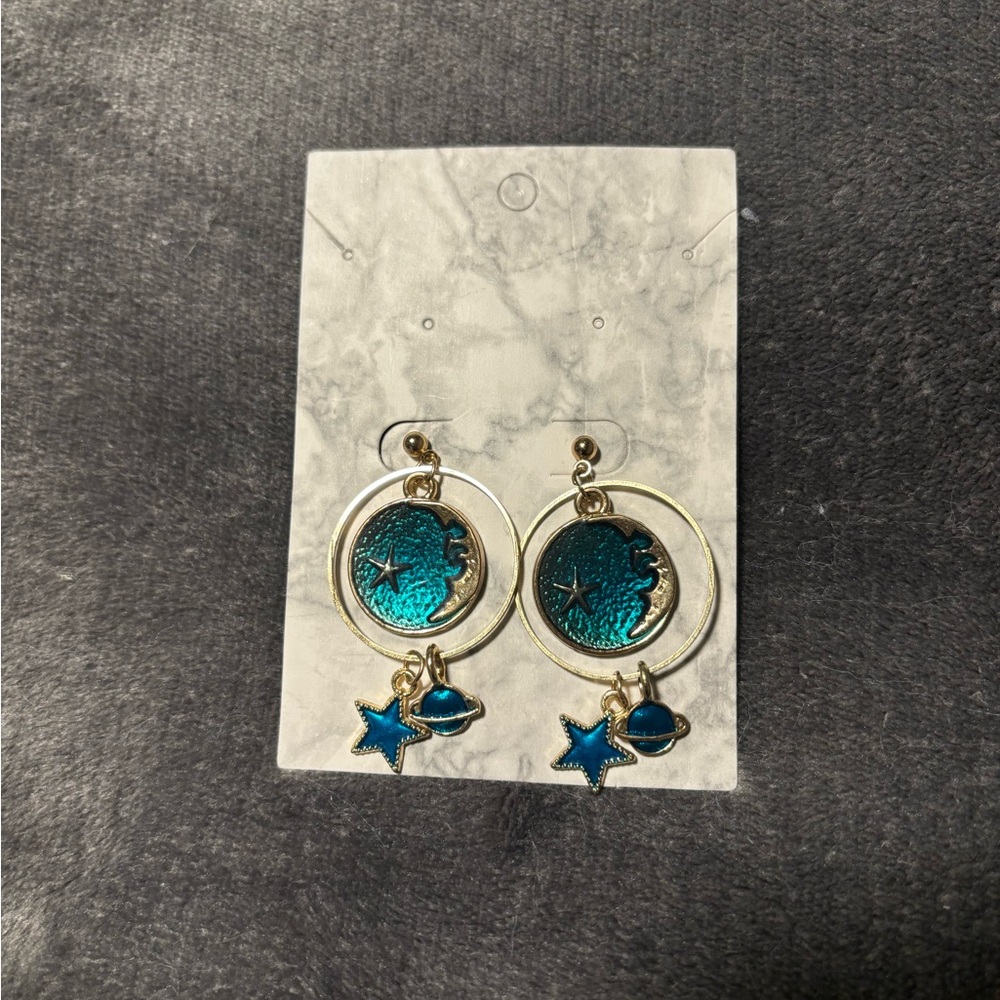 Gold and Teal Celetial Earrings - Picture 2 of 4